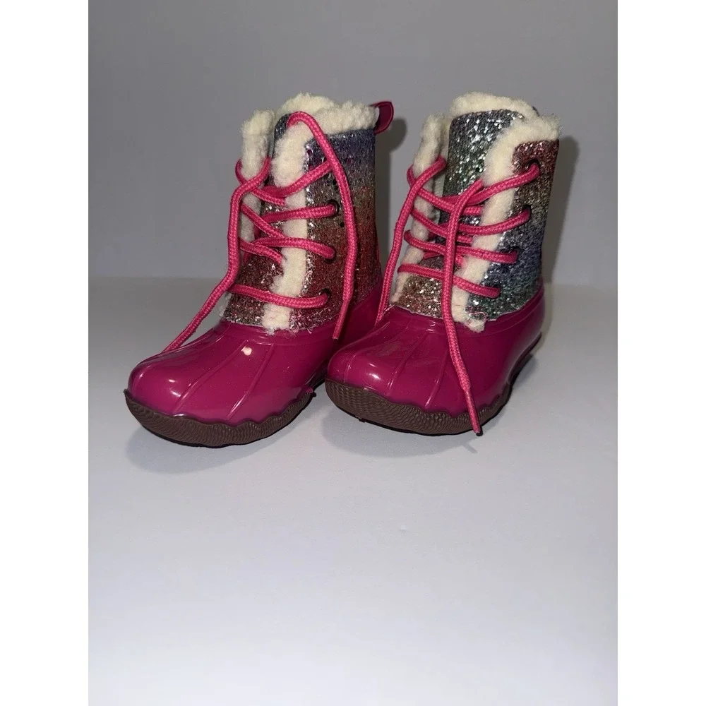 Adrienne Vittadini Bambini Girls Rain Boots 8 Fuchsia Pink Glitter Fur Snow NEW